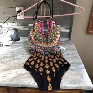 Trina Turk Women's S Black Floral V-Neck One Piece Swimsuit, Size 4 NWT